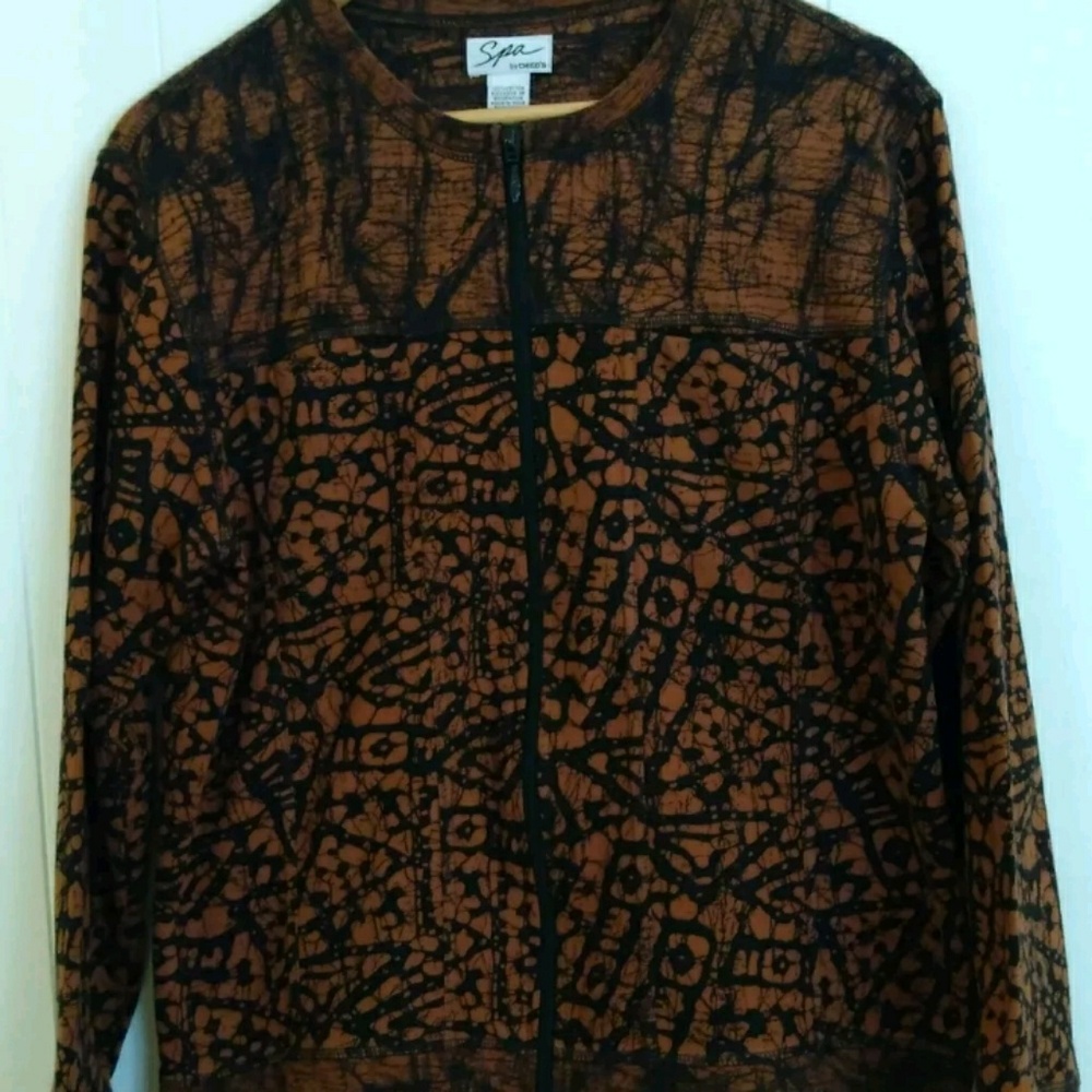 Spa by Chicos Women Size 1 Zip up Jacket Sweatshirt Brown Black Long Sleeve
